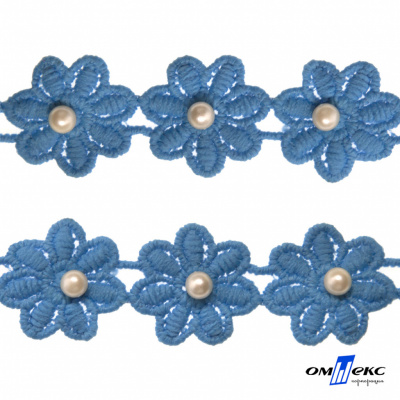 Тесьма вязанная "Цветок с бусиной" 187, шир. 29 мм/уп. 13,7+/-1 м, цвет голубой - купить в Томске. Цена: 1 084.20 руб.